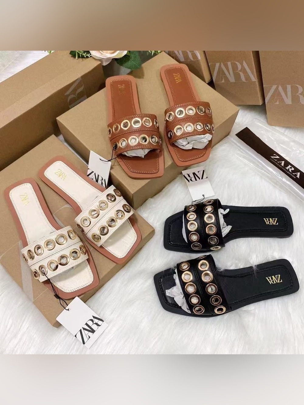 Zara Grommet Slide Mules - Black, White, Tan